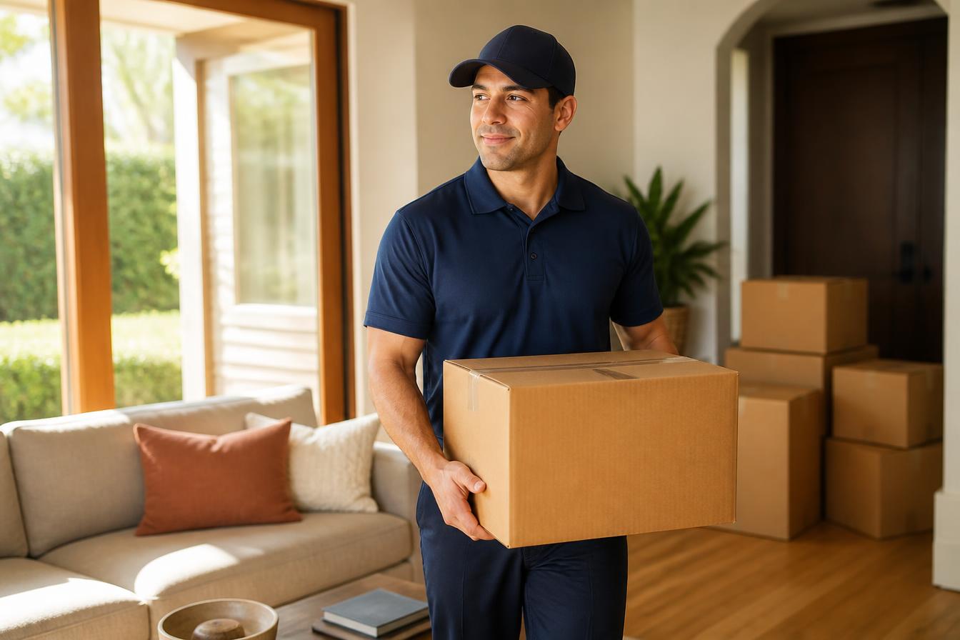 Professional mover carefully carrying a box in a warm, sunlit home
